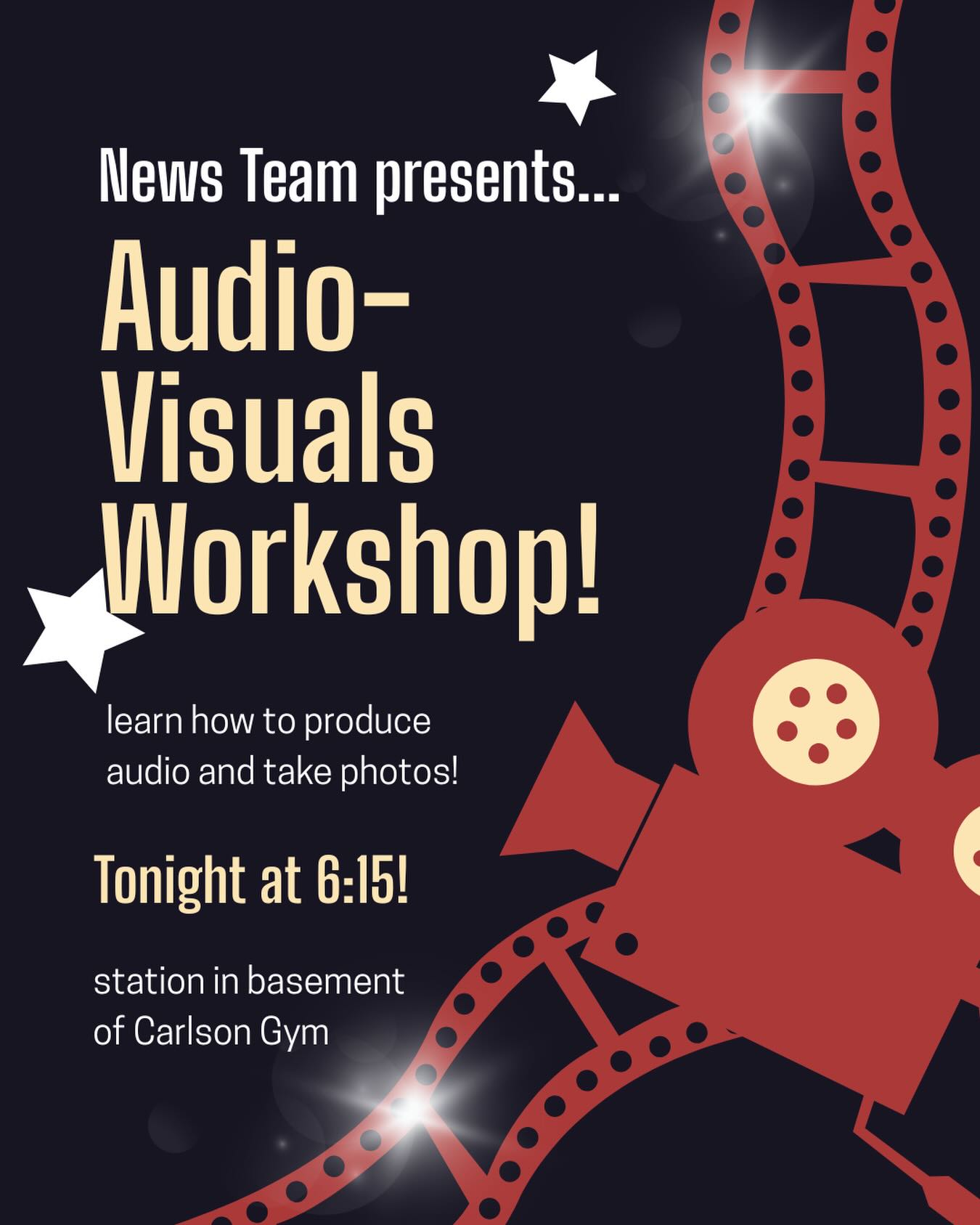 get your hands on some audio and photo equipment and learn how to bring your ideas to life tonight with news team!! see you at the station at 6:15!! 📸🎙️🎧