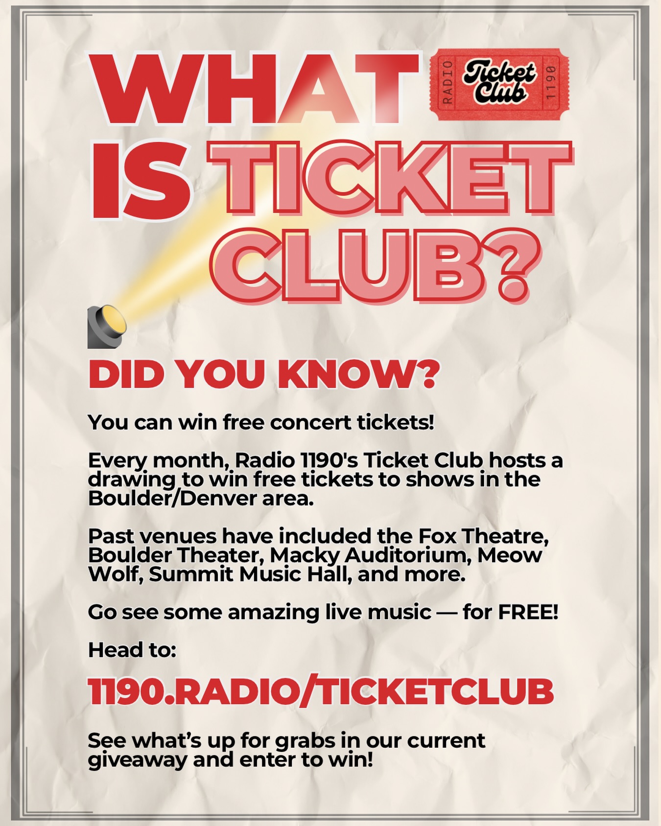 In case you haven’t heard…we’ve got free concert tickets for you MONTHLY! This month’s drawing ends on 2/27 and includes the following shows 🎟️:

3/4 - @winstonsurfshirt @ Meow Wolf
3/6 - @cubouldermusicaltheatre ‘s Oklahoma @ Macky Auditorium 
3/11 - @danu_trad @ Macky Auditorium 
3/13 - @imanunami @ Meow Wolf 
3/14 - @vendredisurmer_ @ Meow Wolf 
3/15 - @nekocaseofficial @destroyer_band @ Boulder Theater 
3/20 - @whitereaperusa @drugchurch @ Summit Music Hall 
3/22 - @kittycraft_band @ Meow Wolf
3/23 - @evanhoner @ Boulder Theater 
3/24 - @benquadok @arentweamphibians @footballheadchi  @ Meow Wolf

Head to 1190.radio/ticketclub -> GO SEE SOME COOL MUSIC❗️
