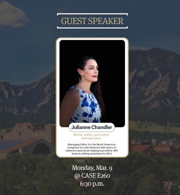 New @cuboulderspj student event alert! Editing workshop led by Julianne Chandler, the managing editor for the North American Congress on Latin America ✍️

The workshop will help journalists practice their editing and writing skills, this Monday, March 9 at 6:30 p.m. in CASE E260. Check @cuboulderspj for more info!