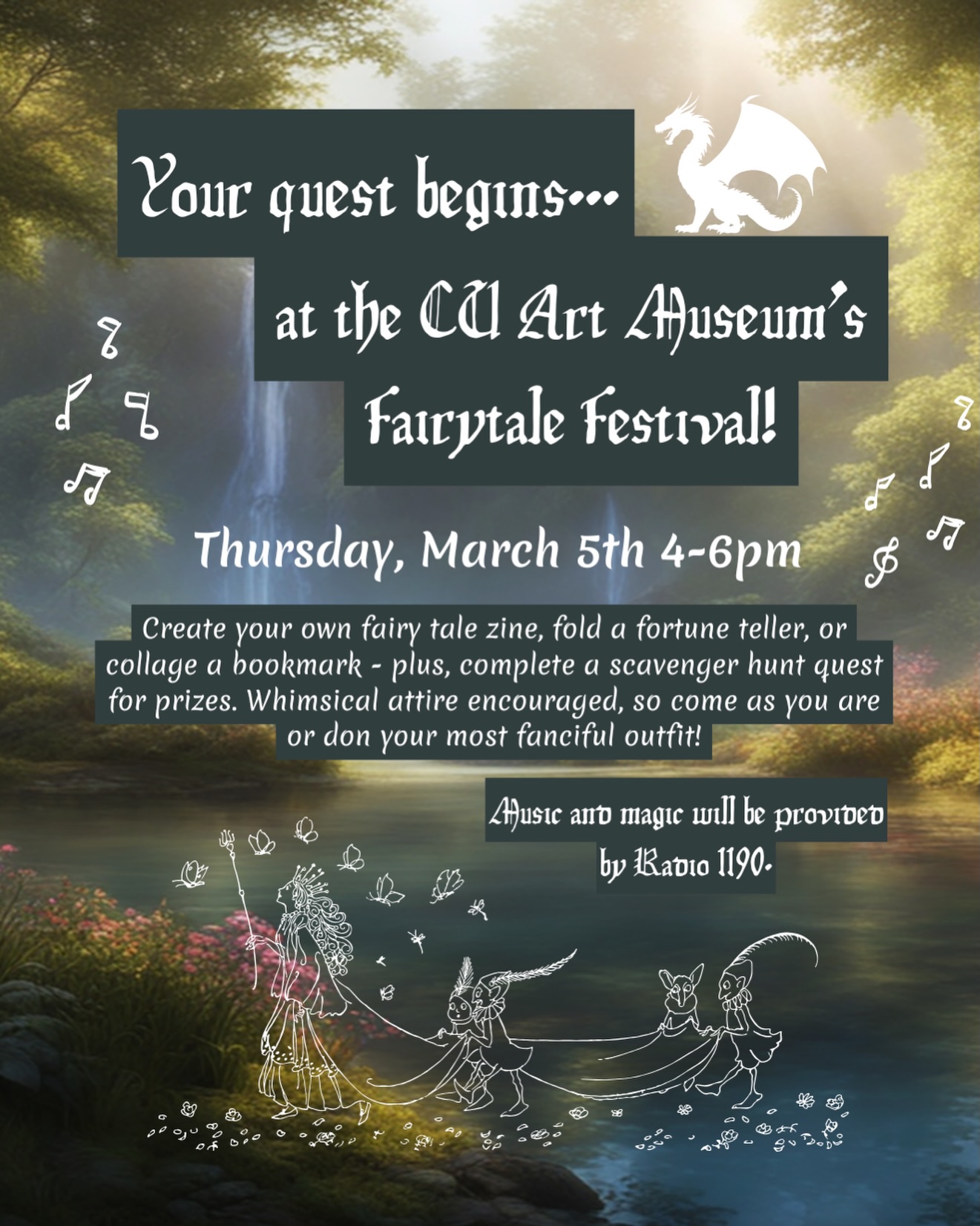 TOMORROW! Join in the whimsy at the CU Art Museum Fairytale Festival, featuring music by Radio 1190 DJs! 🧚🏻🦄