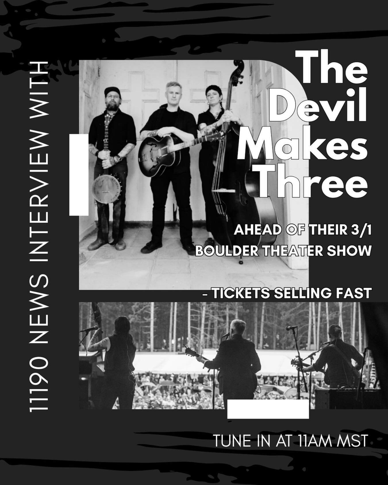1190 News reporters Nick Merl, William Flockton and Juliana Krigsman had the pleasure of talking to @thedevilmakes3 a genre-bending band that’s been blending folk, blues and punk together for over 20 years. 

Tune in at 11am MST to see what they have to say before the 3/1 @bouldertheater leg of their tour! Tickets selling fast!

Photos taken from The Devil Makes Three website.