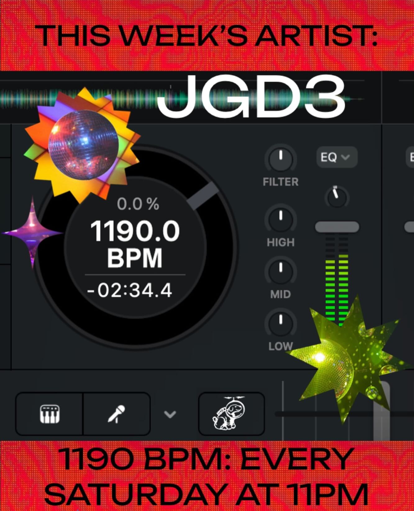 this week’s 1190 BPM artist is:

JGD3! @jgd3 

TOMORROW MARCH 7TH AT 11PM!! tune in to hear jgd3’s set! then tune in every Saturday night at 11 for a NEW MIX!! submit your own to mix air on BPM at https://1190.radio/bpm