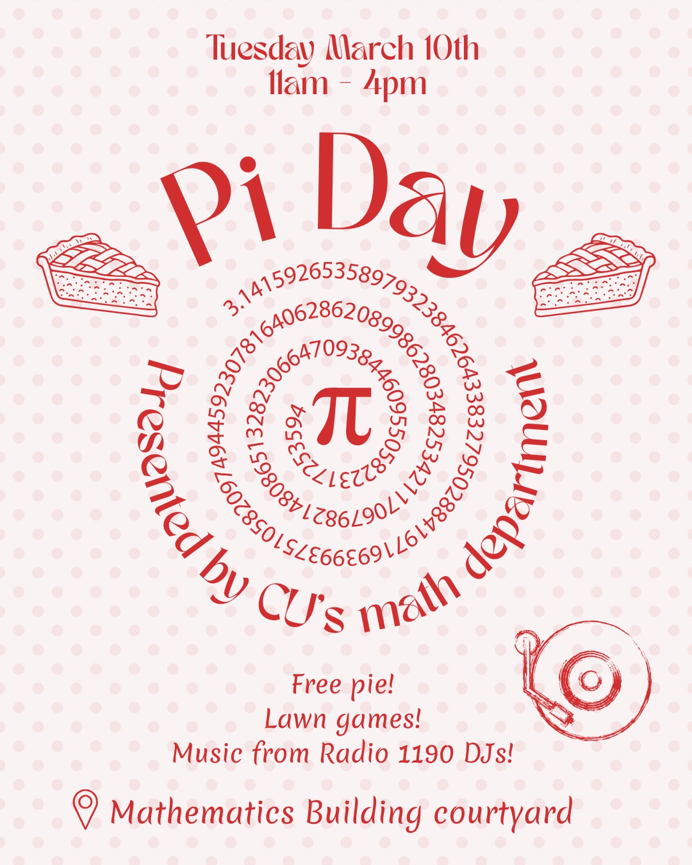 We’re DJing on Pi Day! Come hang out for free pie and lawn games this Tuesday from 11 am-4pm 🥧