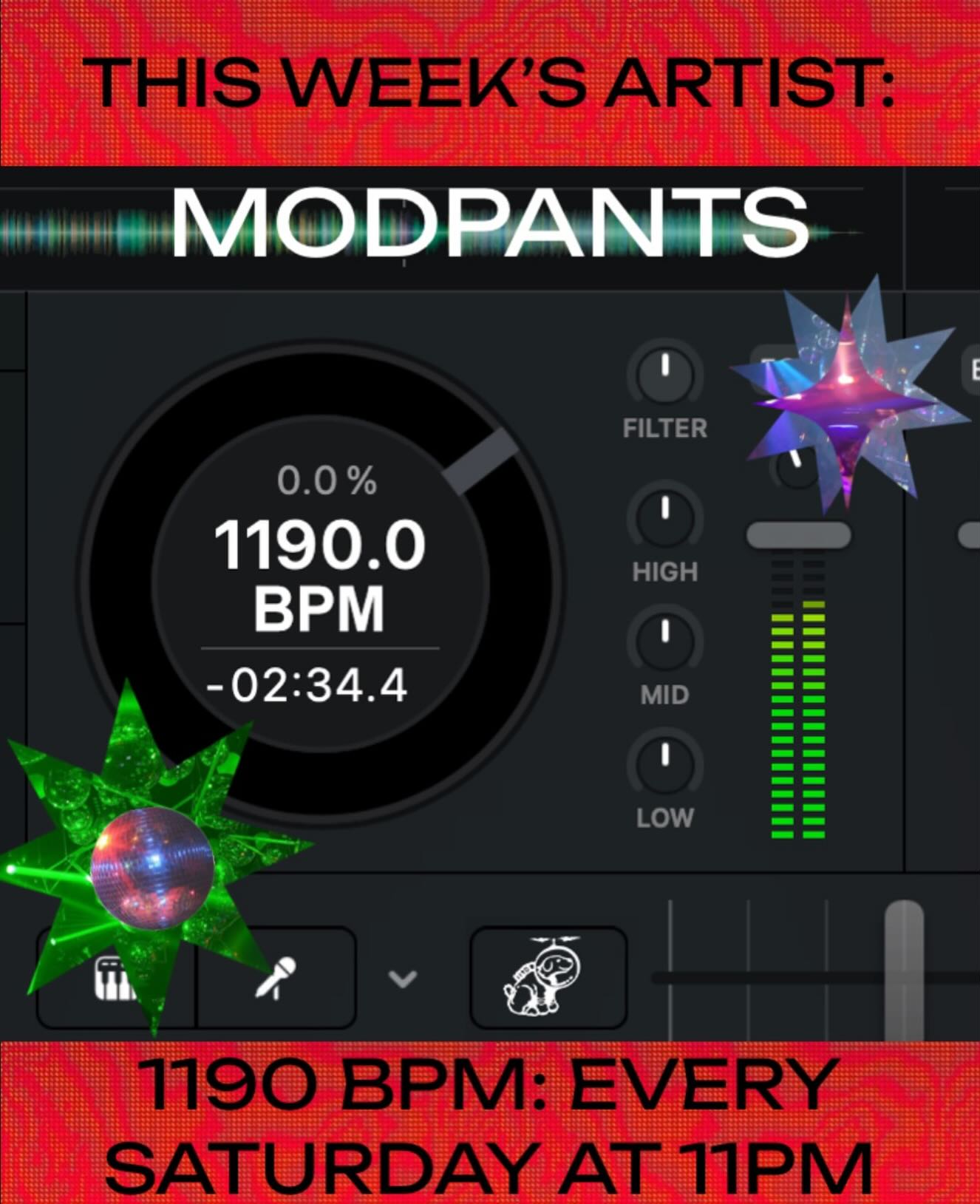 this week’s 1190 BPM artist is:

MODPANTS! @recordshopper 

TOMORROW MARCH 14th AT 11PM!! tune in to hear MODPANTS’ set! then tune in every Saturday night at 11 for a NEW MIX!! submit your own to mix air on BPM at https://1190.radio/bpm