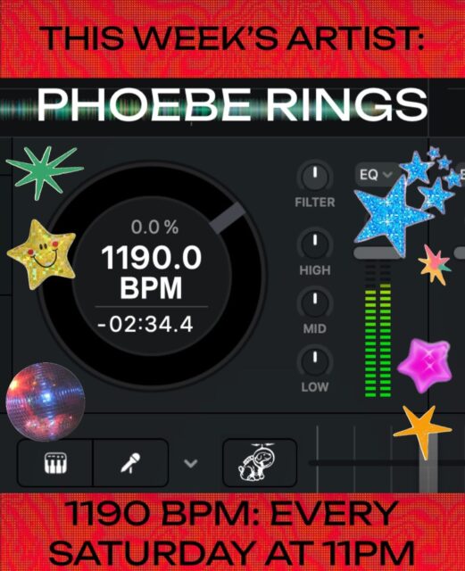 this week’s 1190 BPM artist is:

PHOEBE RINGS! @phoeberings 

TOMORROW APRIL 11TH AT 11PM!! tune in to hear an incredible set by Phoebe Rings! then tune in every Saturday night at 11 for a NEW MIX!! submit your own to mix air on BPM at https://1190.radio/bpm