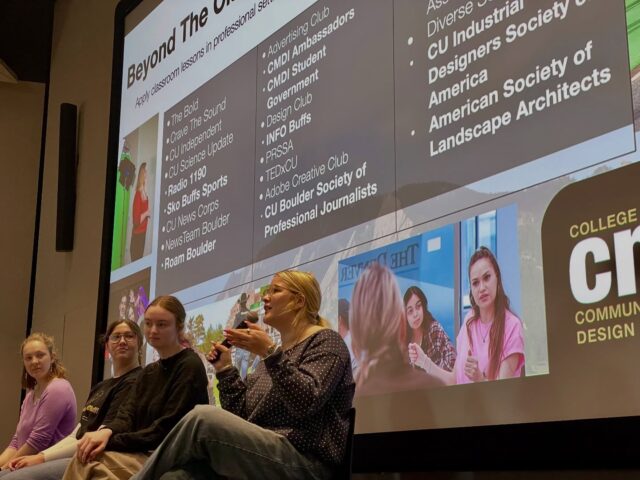 Our amazing volunteer director @elliananickel on mic outside the studio — we’re at @cuboulder Admitted Student Day all day today! Join us for the @cubouldercmci Buff Up Your Student Experience sessions, plus we’ll be DJing live at this afternoon’s social!