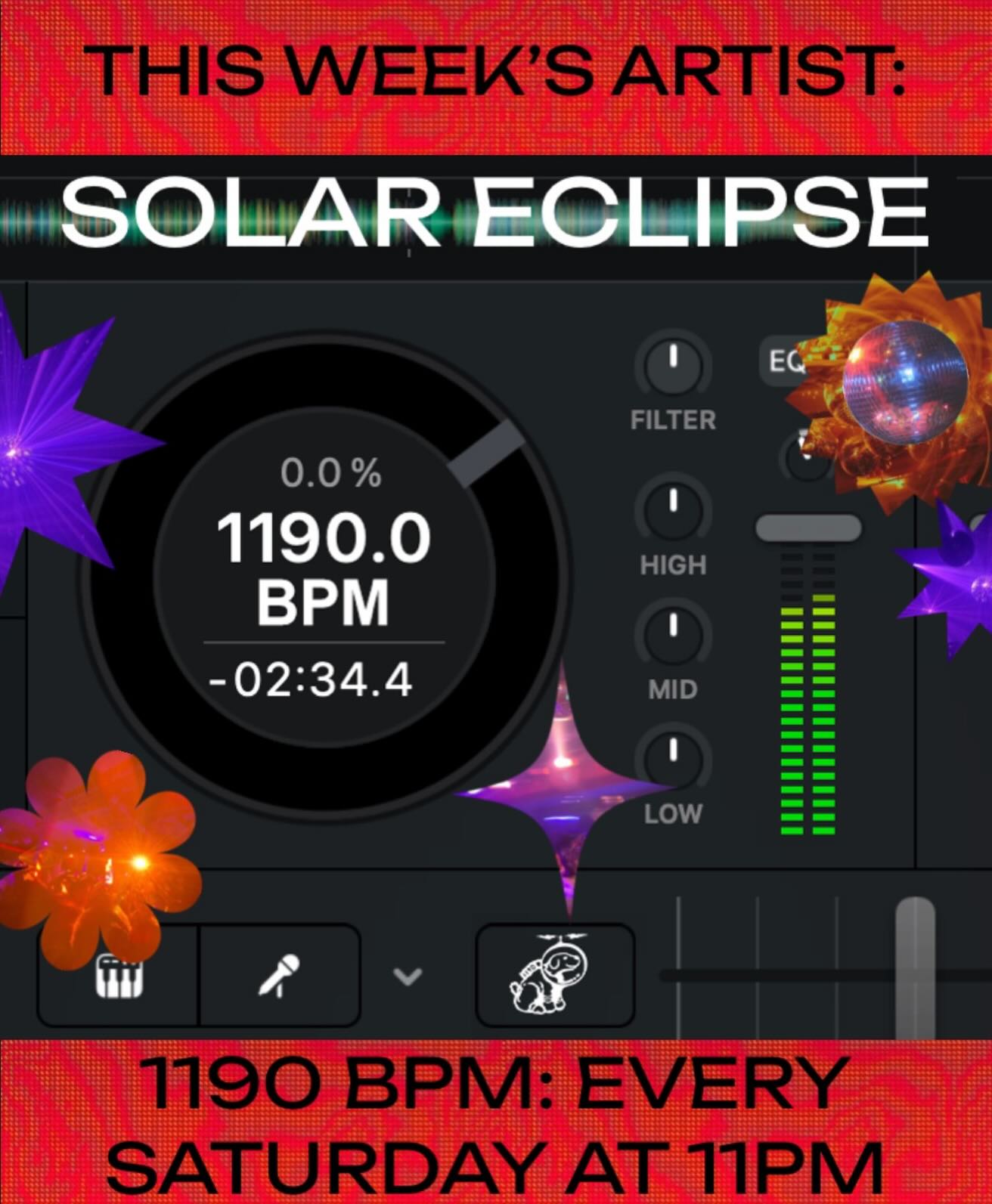 this week’s 1190 BPM artist is:

SOLAR ECLIPSE aka @iwannaseethelight 

TOMORROW APRIL 25TH AT 11PM!! tune in to hear an incredible set by Solar Eclipse! then tune in every Saturday night at 11 for a NEW MIX!! submit your own to mix air on BPM at https://1190.radio/bpm