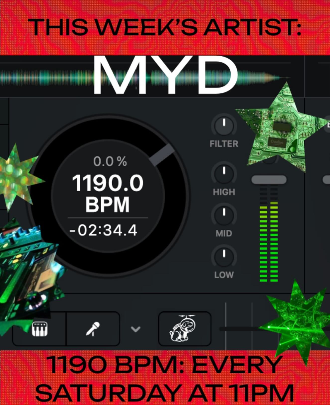 this week’s 1190 BPM artist is:

MYD! @mydsound 

TONIGHT MAY 16TH AT 11PM!! tune in to hear an incredible set from Myd! then tune in every Saturday night at 11 for a NEW MIX!! submit your own to mix air on BPM at https://1190.radio/bpm