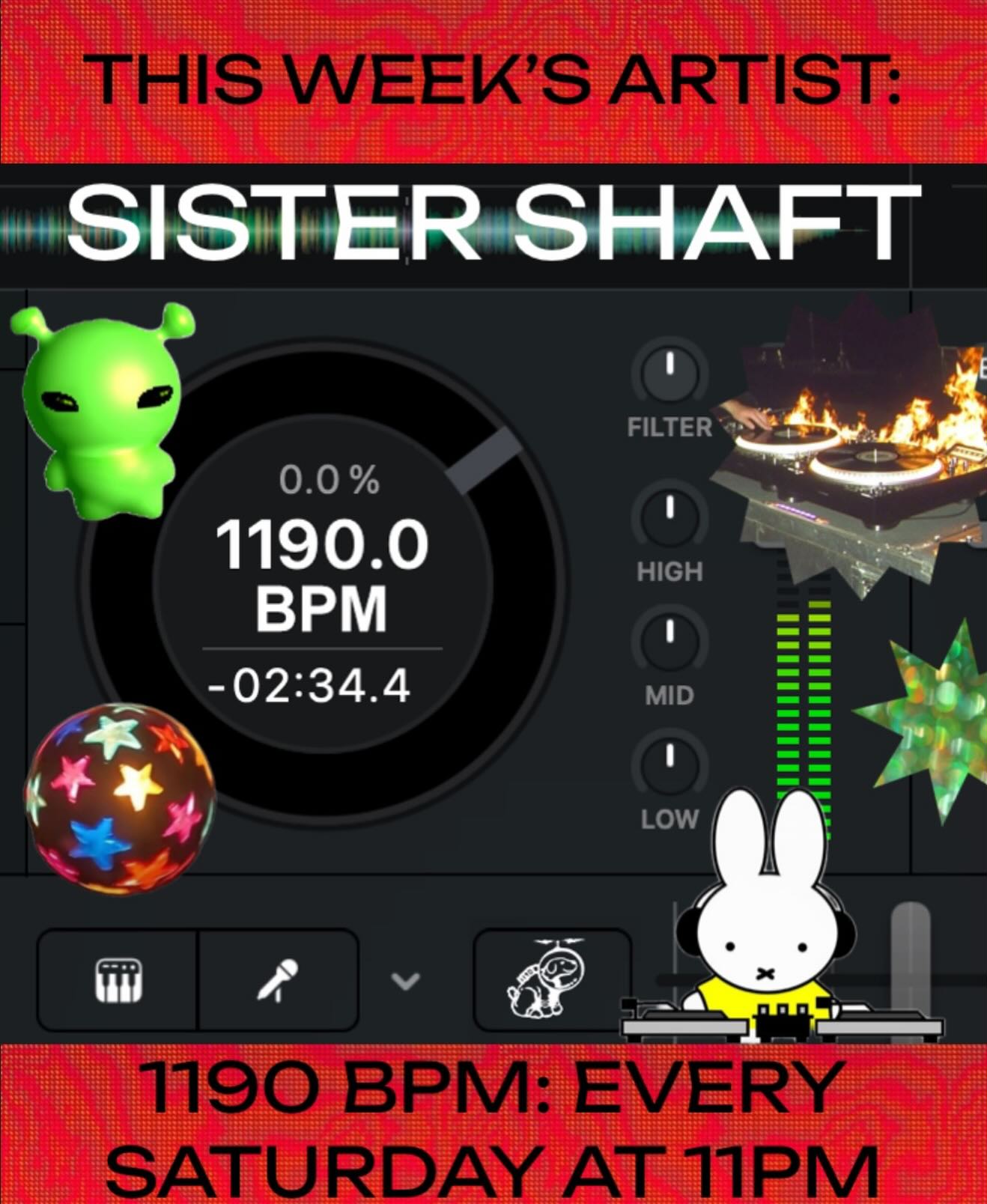 this week’s 1190 BPM artist is:

SISTER SHAFT @sister_shaft 

TOMORROW MAY 30TH AT 11PM!! tune in to hear an incredible set from Sister Shaft! then tune in every Saturday night at 11 for a NEW MIX!! submit your own to mix air on BPM at https://1190.radio/bpm